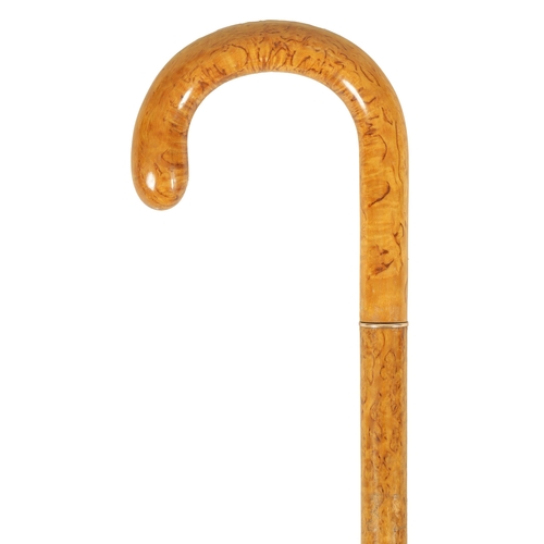 469 - A LATE 19TH CENTURY FRENCH BIRDS EYE MAPLE WALKING STICK/PARASOL with telescopic shaft and curved ha... 