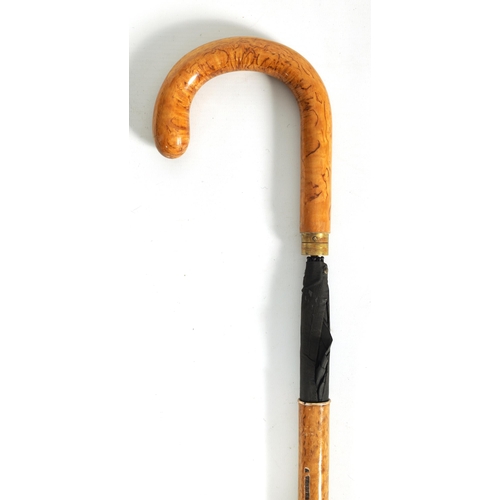 469 - A LATE 19TH CENTURY FRENCH BIRDS EYE MAPLE WALKING STICK/PARASOL with telescopic shaft and curved ha... 