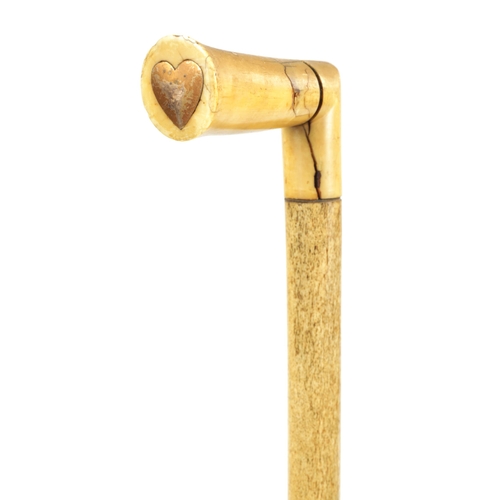 471 - A GOOD 19TH CENTURY WHALE BONE AND MARINE IVORY WALKING STICK with inset gold metal love heart to th... 