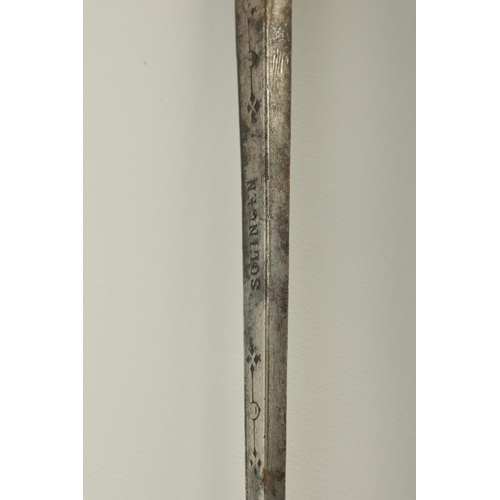 472 - A 19TH CENTURY BAMBOO SWORD STICK with root handle and tapering steel blade signed Solingen (91.5cm ... 