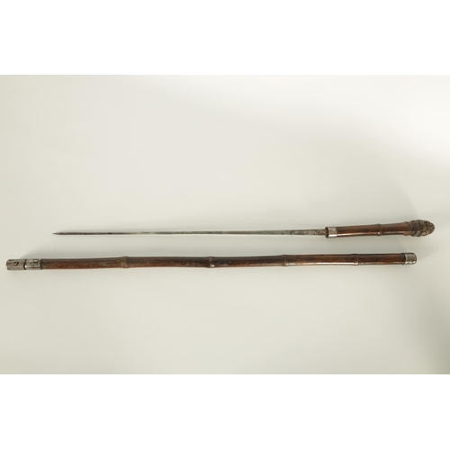 472 - A 19TH CENTURY BAMBOO SWORD STICK with root handle and tapering steel blade signed Solingen (91.5cm ... 