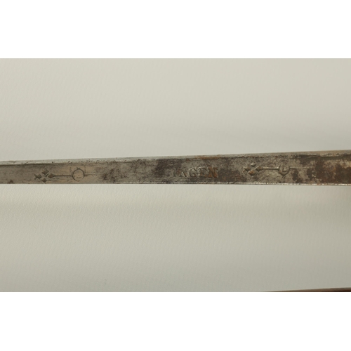 472 - A 19TH CENTURY BAMBOO SWORD STICK with root handle and tapering steel blade signed Solingen (91.5cm ... 