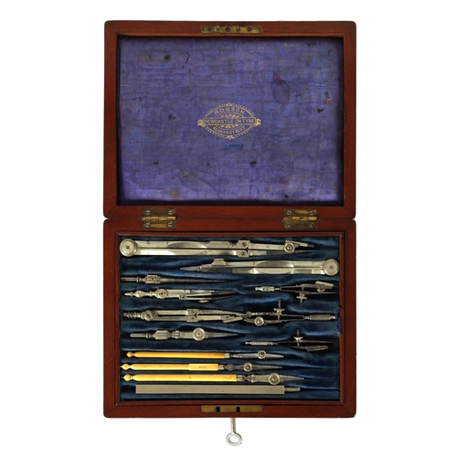 475 - ROBSON, NEWCASTLE ON TYNE. A 19TH CENTURY BRASS BOUND MAHOGANY CASED SET OF DRAWING INSTRUMENTS with... 