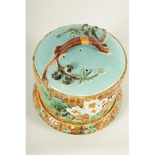 48 - A 19TH CENTURY JOSEPH HOLDCROFT LARGE MAJOLICA CHEESE DISH AND COVER with relief moulded flower spra... 