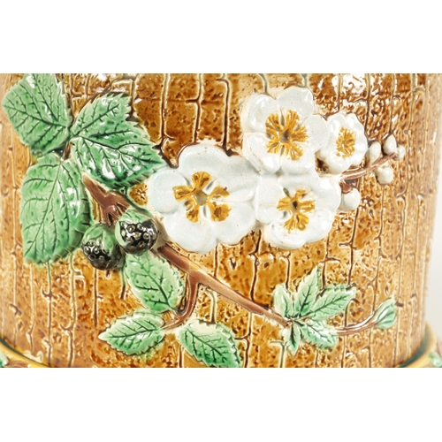 48 - A 19TH CENTURY JOSEPH HOLDCROFT LARGE MAJOLICA CHEESE DISH AND COVER with relief moulded flower spra... 