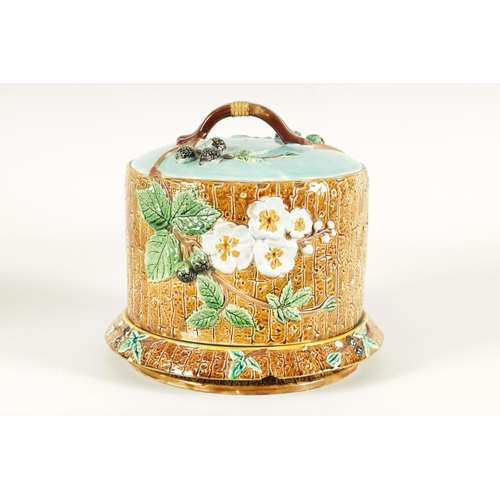 48 - A 19TH CENTURY JOSEPH HOLDCROFT LARGE MAJOLICA CHEESE DISH AND COVER with relief moulded flower spra... 