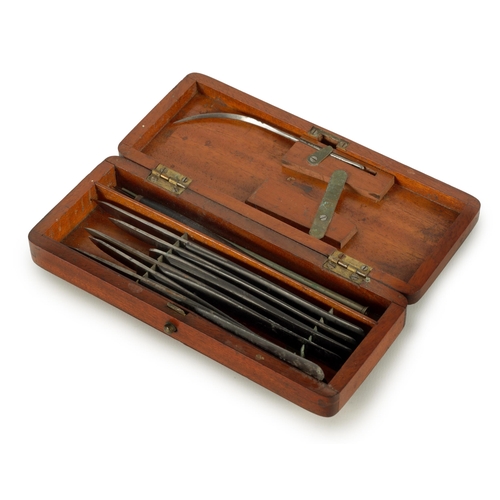 480 - A 19TH CENTURY MAHOGANY CASED SET OF SURGEONS SCALPALS with inset named plaque belonging to J.Gay, M... 