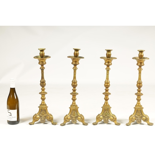 501 - A SET OF FOUR 18TH CENTURY CONTINENTAL LARGE BRASS CANDLESTICKS with cast leaf scrolled tripod bases... 