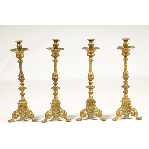 501 - A SET OF FOUR 18TH CENTURY CONTINENTAL LARGE BRASS CANDLESTICKS with cast leaf scrolled tripod bases... 