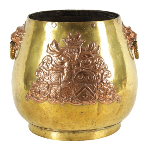 505 - A 19TH CENTURY REGENCY STYLE BRASS AND COPPER LOG BIN the rounded bulbous body on a raised foot, wit... 