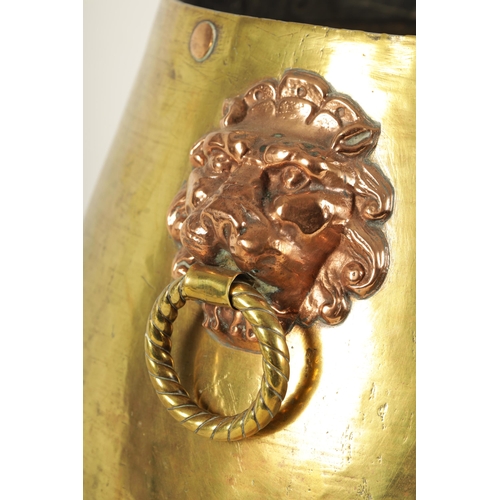 505 - A 19TH CENTURY REGENCY STYLE BRASS AND COPPER LOG BIN the rounded bulbous body on a raised foot, wit... 