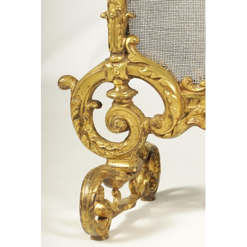 509 - AN EARLY 19TH CENTURY CAST BRASS ROCOCO FIRE SCREEN with leaf cast frame and scroll feet.