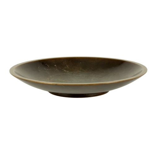 520 - A GROUP OF THREE ART DECO JUSTIN ANDERSEN, DENMARK PATINATED BRONZE DISHES of varying shape and desi... 