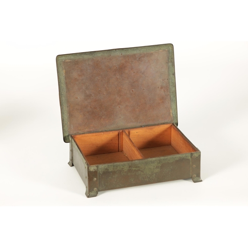 534 - AN EARLY 20TH CENTURY ARTS AND CRAFTS PLANISHED COPPER CIGAR BOX with riveted strap work decoration ... 