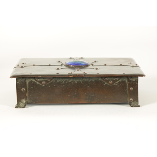 534 - AN EARLY 20TH CENTURY ARTS AND CRAFTS PLANISHED COPPER CIGAR BOX with riveted strap work decoration ... 