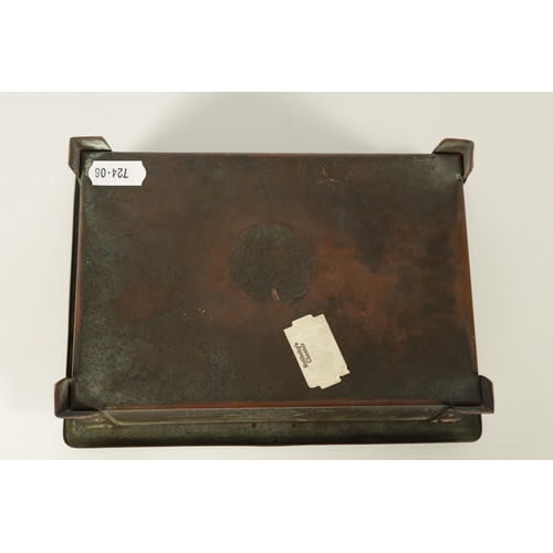 534 - AN EARLY 20TH CENTURY ARTS AND CRAFTS PLANISHED COPPER CIGAR BOX with riveted strap work decoration ... 