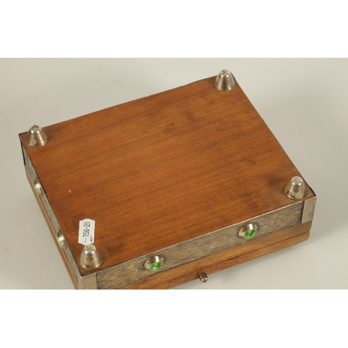 539 - A 20TH CENTURY ARTS AND CRAFT STYLE SILVER MOUNTED AND ENAMEL WORK WALNUT JEWELLERY BOX the textured... 