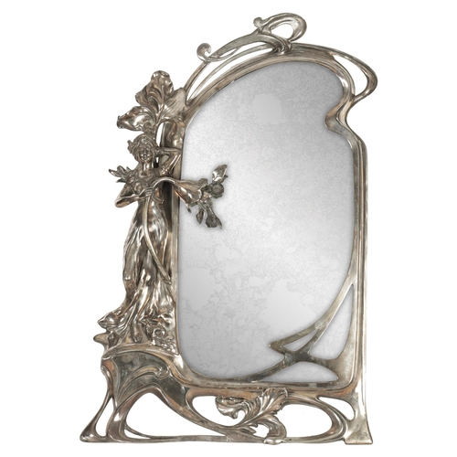 547 - AN ART NOVEAU WMF SILVER PLATED DRESSING TABLE MIRROR of shaped form with figural leaf and floral fr... 