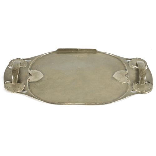 548 - A STYLISH LIBERTY TUDRIC PEWTER TWO-HANDLED OVAL TRAY with riveted and pierced shaped sides enclosin... 