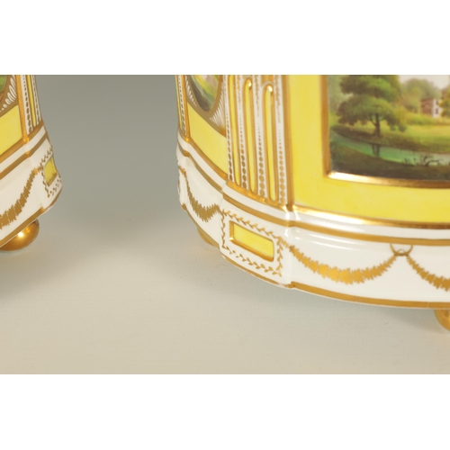 55 - A LARGE PAIR OF REGENCY COALPORT BOW-FRONTED CACHE POTS richly gilded and painted with named views o... 