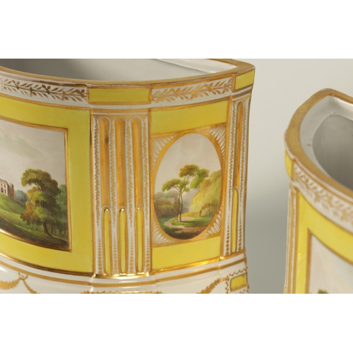 55 - A LARGE PAIR OF REGENCY COALPORT BOW-FRONTED CACHE POTS richly gilded and painted with named views o... 