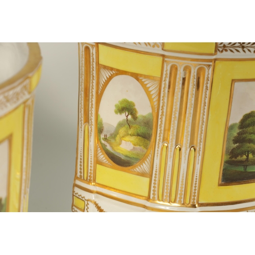 55 - A LARGE PAIR OF REGENCY COALPORT BOW-FRONTED CACHE POTS richly gilded and painted with named views o... 