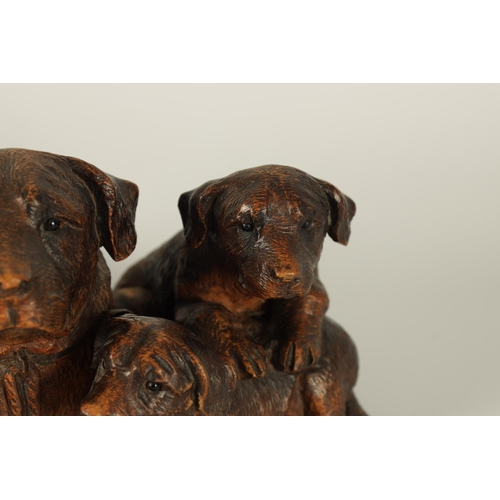 554 - A FINE 19TH CENTURY BLACK FOREST CARVED LINDEN-WOOD ANIMAL GROUP depicting a recumbent Dog with Pups... 