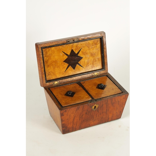 555 - A LATE REGENCY FIGURED OAK SARCOPHAGUS SHAPED TEA CADDY with inlaid burr maple lidded divided interi... 