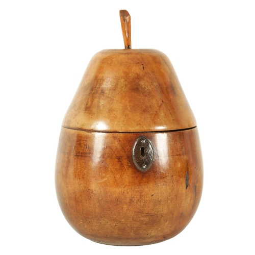 556 - A 19TH CENTURY STYLE FRUITWOOD TEA CADDY modelled as a pear with locking hinged lid and foil lined i... 