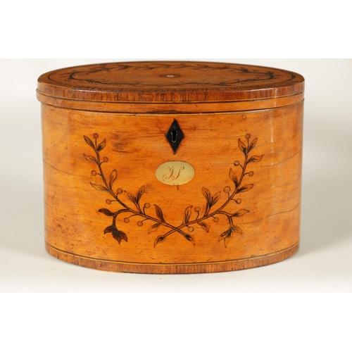 560 - A GEORGE III INLAID SATINWOOD OVAL SHAPED TEA CADDY with crossbanded edges and branchwork inlays. (1... 