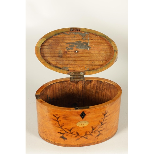 560 - A GEORGE III INLAID SATINWOOD OVAL SHAPED TEA CADDY with crossbanded edges and branchwork inlays. (1... 