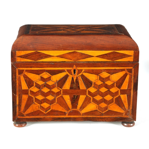 562 - AN EARLY VICTORIAN MAHOGANY AND ROSEWOOD BANDED SPECIMEN WOOD PARQUETRY INLAID TEA CADDY OF LARGE SI... 