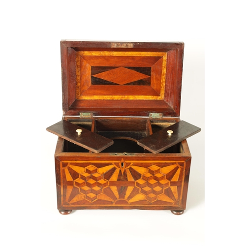 562 - AN EARLY VICTORIAN MAHOGANY AND ROSEWOOD BANDED SPECIMEN WOOD PARQUETRY INLAID TEA CADDY OF LARGE SI... 