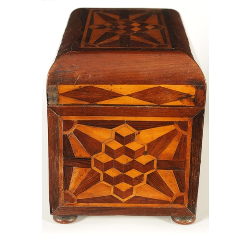 562 - AN EARLY VICTORIAN MAHOGANY AND ROSEWOOD BANDED SPECIMEN WOOD PARQUETRY INLAID TEA CADDY OF LARGE SI... 