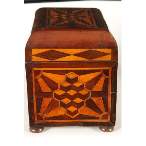 562 - AN EARLY VICTORIAN MAHOGANY AND ROSEWOOD BANDED SPECIMEN WOOD PARQUETRY INLAID TEA CADDY OF LARGE SI... 