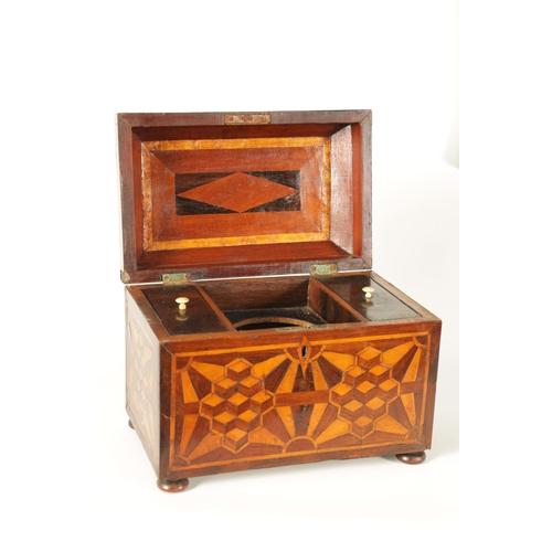 562 - AN EARLY VICTORIAN MAHOGANY AND ROSEWOOD BANDED SPECIMEN WOOD PARQUETRY INLAID TEA CADDY OF LARGE SI... 