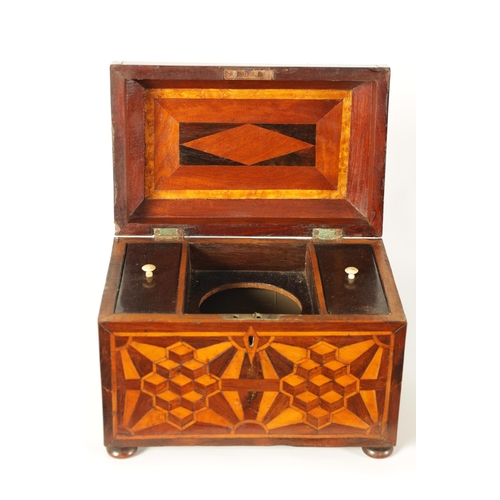 562 - AN EARLY VICTORIAN MAHOGANY AND ROSEWOOD BANDED SPECIMEN WOOD PARQUETRY INLAID TEA CADDY OF LARGE SI... 