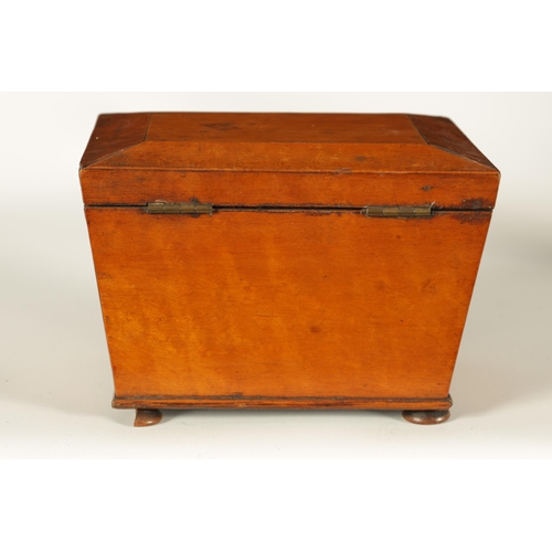 563 - A LATE GEORGIAN BURR MAPLE SARCOPHAGUS TEA CADDY the chamfered lid enclosing a divided lidded interi... 