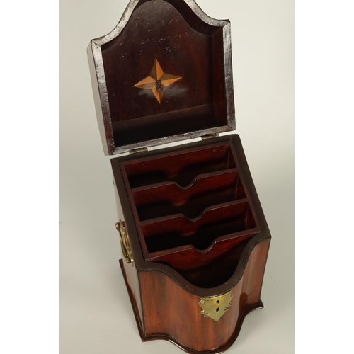 564 - A GEORGE II MAHOGANY KNIFE BOX with serpentine front and angled hinged top revealing a later lined i... 