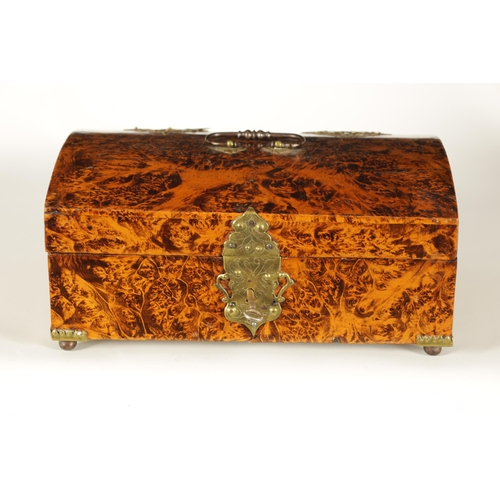 566 - A LATE 17TH CENTURY DOME TOPPED MULBERRY WOOD CASKET with iron work handle, pierced brass hinges and... 