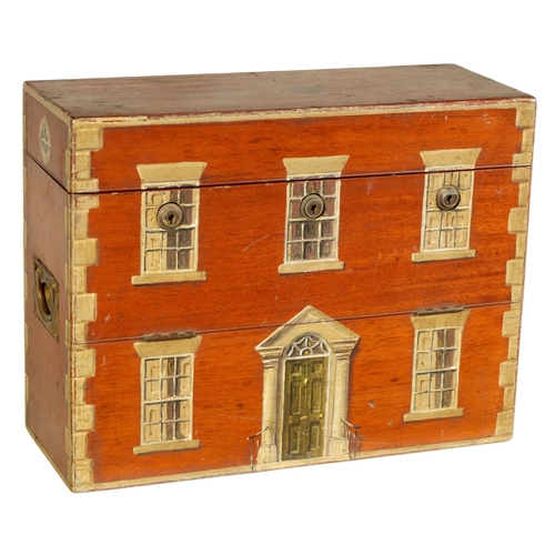 569 - A 19TH CENTURY PAINTED MAHOGANY COUNTRY HOUSE HINGED BOX having sunken brass side handles and hinged... 