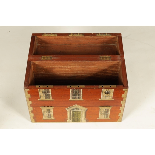 569 - A 19TH CENTURY PAINTED MAHOGANY COUNTRY HOUSE HINGED BOX having sunken brass side handles and hinged... 