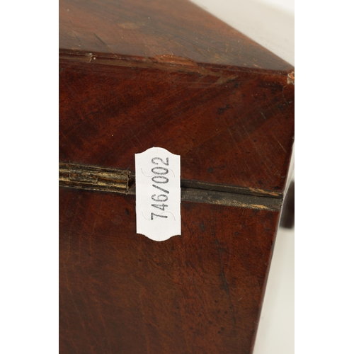 570 - A LATE REGENCY MAHOGANY SARCOPHAGUS TEA CADDY OF LARGE SIZE with a rounded panelled top above a fitt... 