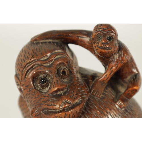 575 - A 19TH CENTURY CARVED HARDWOOD SCULPTURE OF A MONKEY modelled seated clutching a fruit and with infa... 