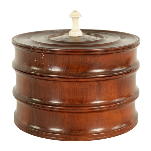 576 - A GOOD 18TH/19TH CENTURY LIGNUM VITAE TURNED TREENWARE LIDDED BOX of sectional form with dished ring... 