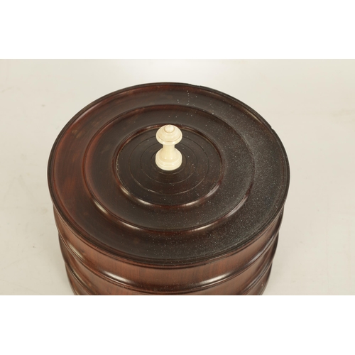 576 - A GOOD 18TH/19TH CENTURY LIGNUM VITAE TURNED TREENWARE LIDDED BOX of sectional form with dished ring... 