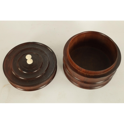 576 - A GOOD 18TH/19TH CENTURY LIGNUM VITAE TURNED TREENWARE LIDDED BOX of sectional form with dished ring... 