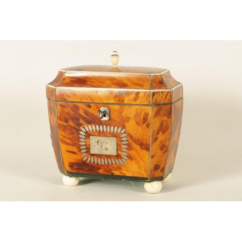 582 - A REGENCY TORTOISESHELL AND IVORY BANDED SARCOPHAGUS TEA CADDY with hinged moulded lid enclosing a d... 