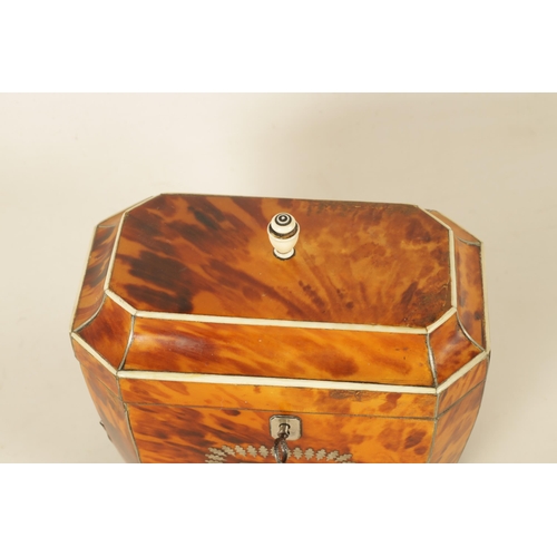 582 - A REGENCY TORTOISESHELL AND IVORY BANDED SARCOPHAGUS TEA CADDY with hinged moulded lid enclosing a d... 