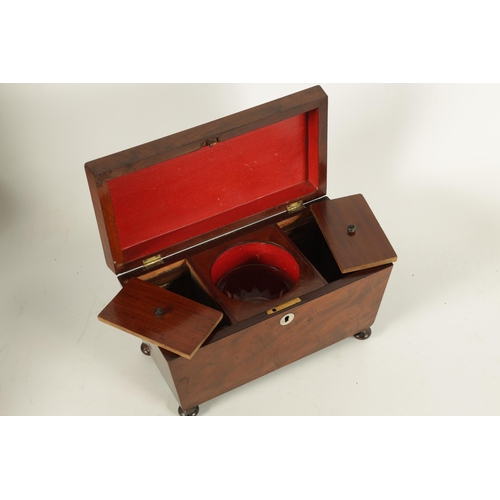 583 - A LATE REGENCY MAHOGANY SARCOPHAGUS TEA CADDY with a rounded panelled top above a fitted interior of... 